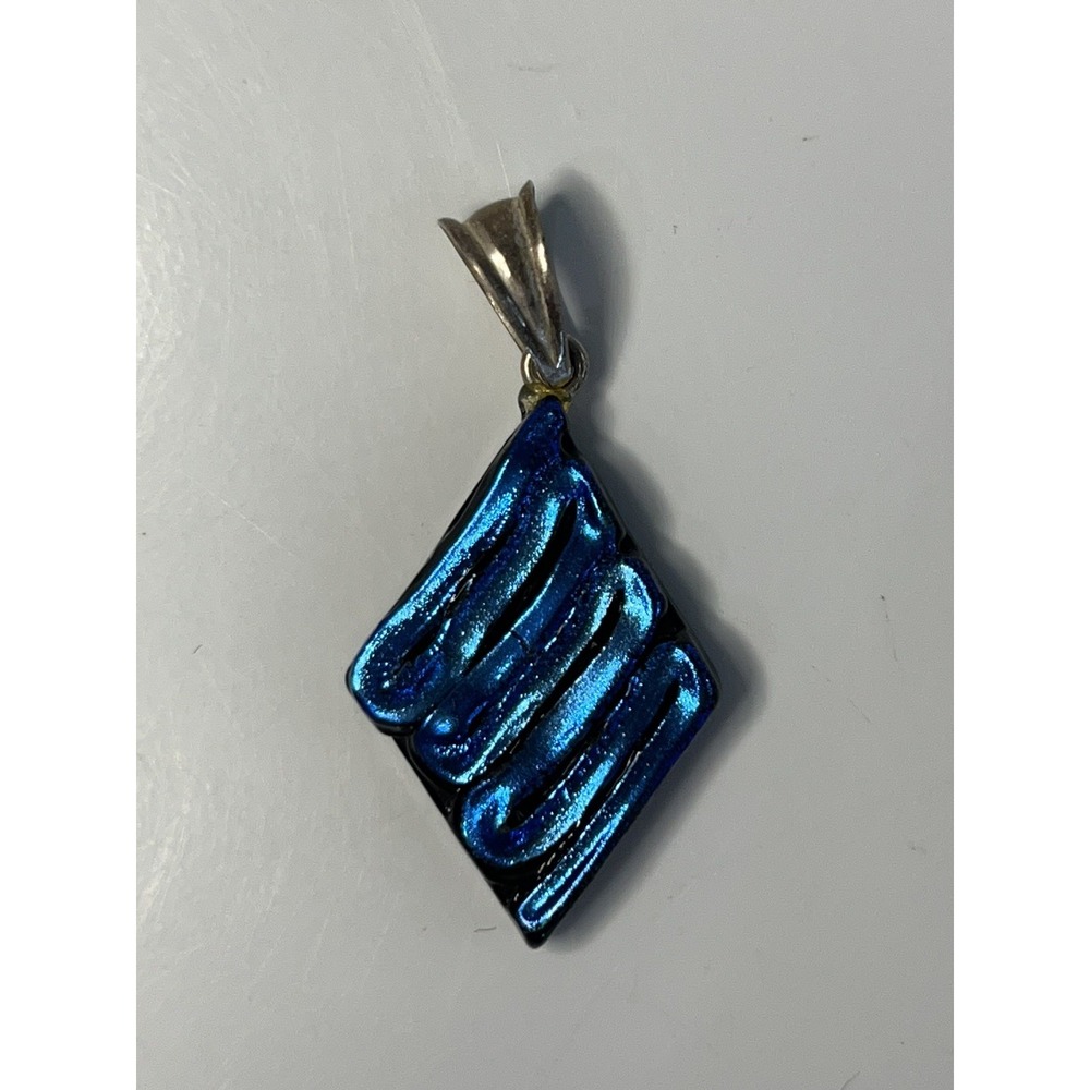Estate Black Trapezoid Fused Art Glass w Blue Swirl 925 Pendant Charm Vtg